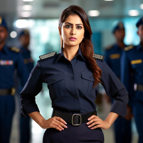 Confident beautiful indian woman beauty and personal care security personnel at work on blured background