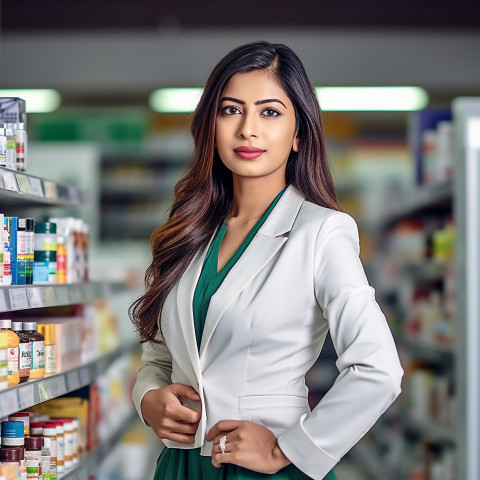 Confident beautiful indian woman beauty and personal care product sales representative at work on blured background