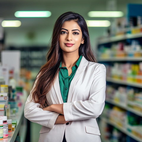 Confident beautiful indian woman beauty and personal care product sales representative at work on blured background