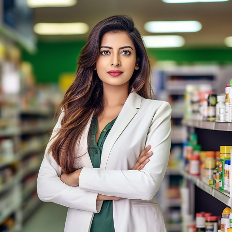 Confident beautiful indian woman beauty and personal care product sales representative at work on blured background