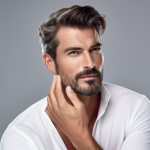 Confident handsome man grooming and personal care esthetician at work on white background