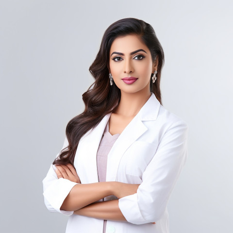 Confident beautiful indian woman beauty and personal care esthetician at work on white background