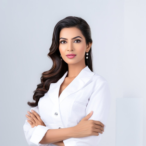 Confident beautiful indian woman beauty and personal care esthetician at work on white background