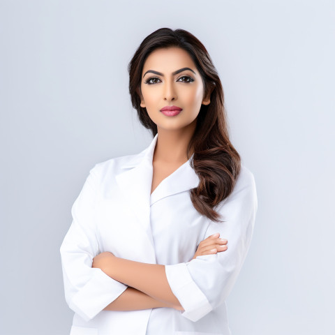 Confident beautiful indian woman beauty and personal care esthetician at work on white background