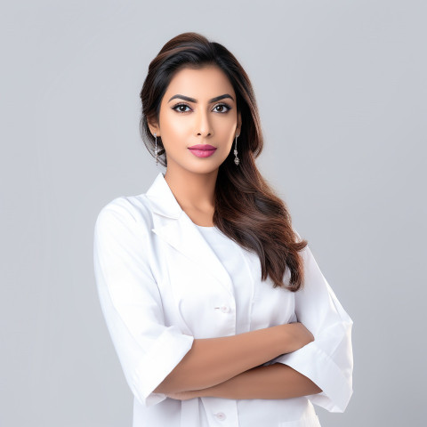 Confident beautiful indian woman beauty and personal care esthetician at work on white background