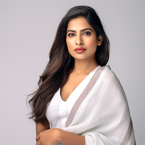 Confident beautiful indian woman beauty and personal care public relations specialist at work on white background