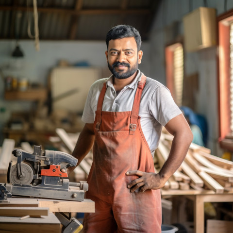 Indian carpenter working on blurred background