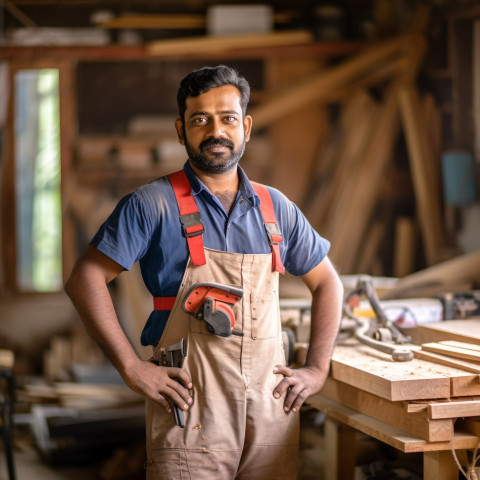 Indian carpenter working on blurred background