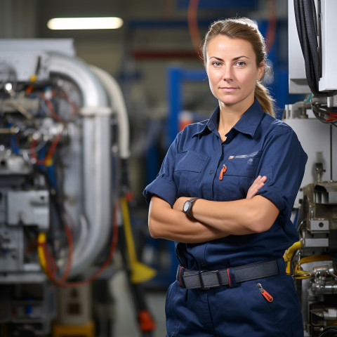 Confident female HVAC tech working blurred background