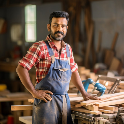 Indian carpenter working on blurred background