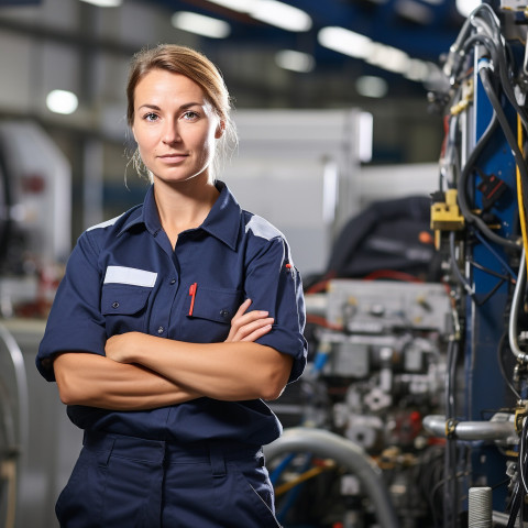 Confident female HVAC tech working blurred background