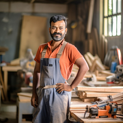 Indian carpenter working on blurred background