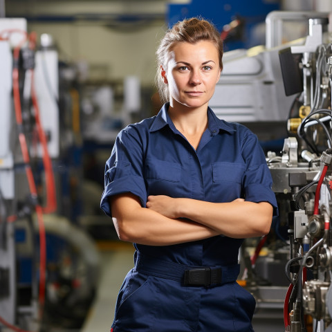 Confident female HVAC tech working blurred background