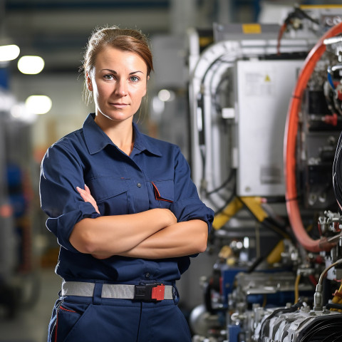 Confident female HVAC tech working blurred background