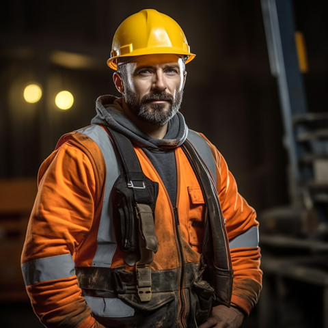 Construction worker confidently working on blurred background