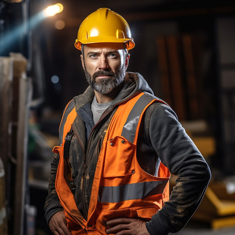 Construction worker confidently working on blurred background