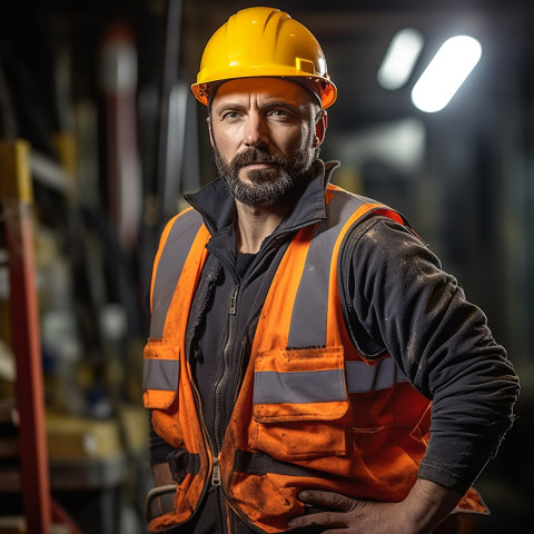 Construction worker confidently working on blurred background