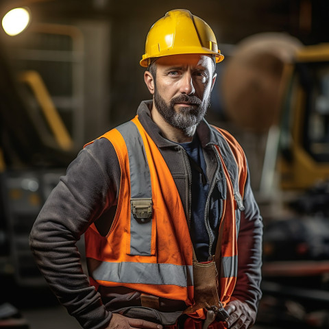 Construction worker confidently working on blurred background