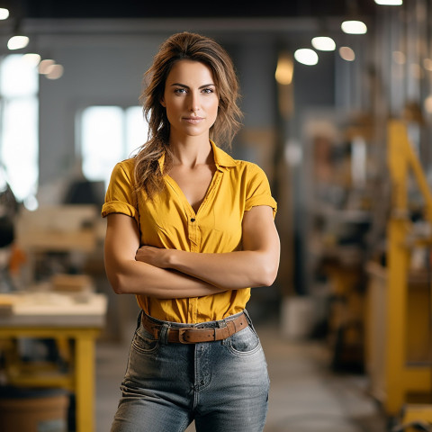 Woman mason confidently working on a blurred background