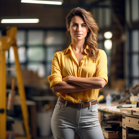 Woman mason confidently working on a blurred background