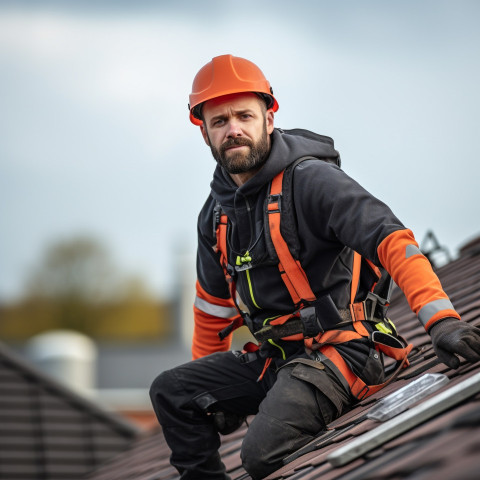 Expert roofer working on blurred background