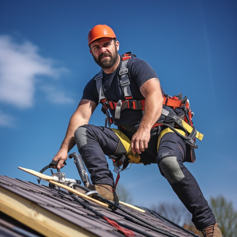 Expert roofer working on blurred background