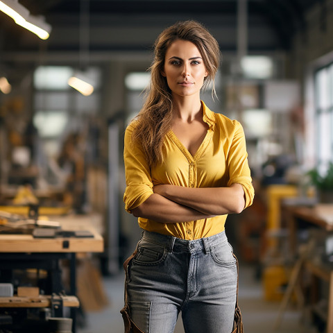 Woman mason confidently working on a blurred background