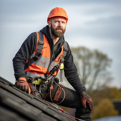 Expert roofer working on blurred background