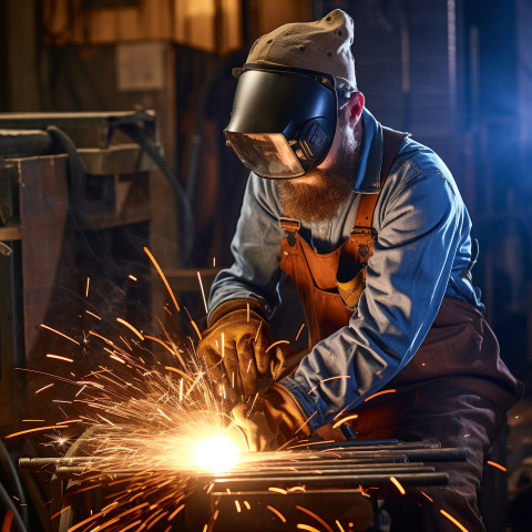 Welder working confidently on a blurred background