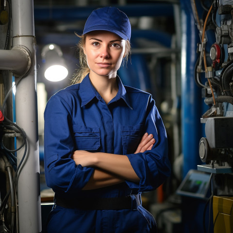 Woman plumber working on blurred background