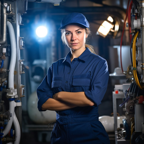 Woman plumber working on blurred background