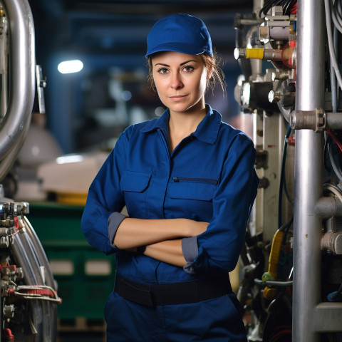 Woman plumber working on blurred background