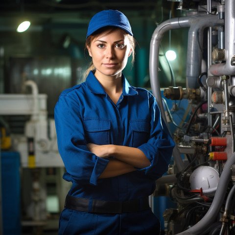 Woman plumber working on blurred background