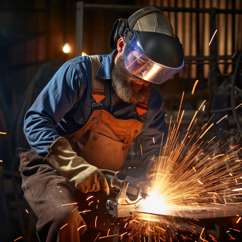 Welder working confidently on a blurred background