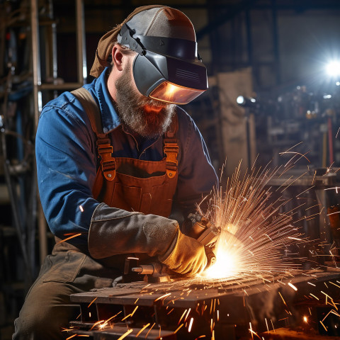 Welder working confidently on a blurred background