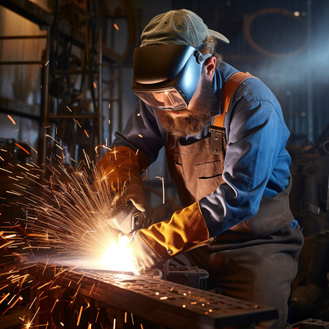 Welder working confidently on a blurred background