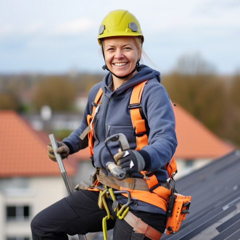 Female roofer with a friendly smile at work