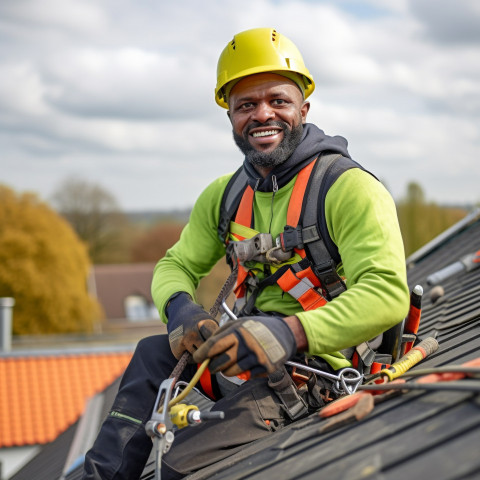 Female roofer with a friendly smile at work