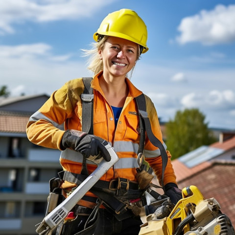 Female roofer with a friendly smile at work