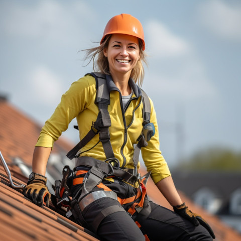 Female roofer with a friendly smile at work