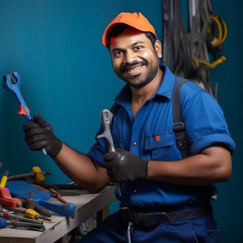 Indian plumber smiling and working on blurred background