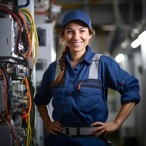 Smiling female HVAC tech at work on blurred background