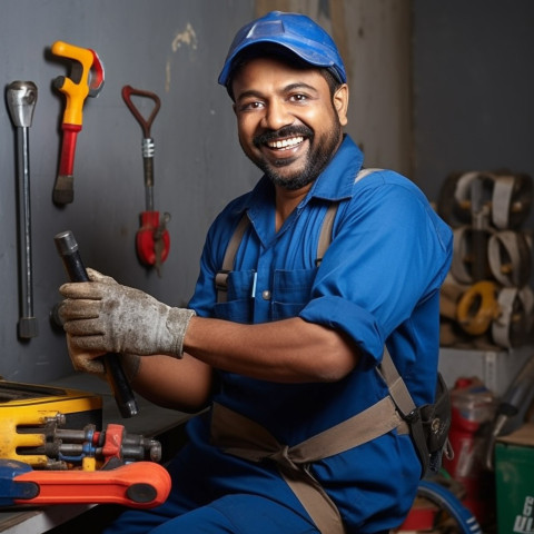 Indian plumber smiling and working on blurred background