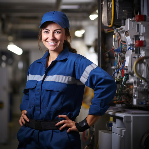 Smiling female HVAC tech at work on blurred background