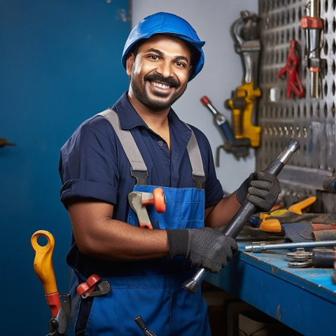 Indian plumber smiling and working on blurred background