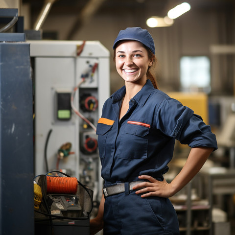 Smiling female HVAC tech at work on blurred background