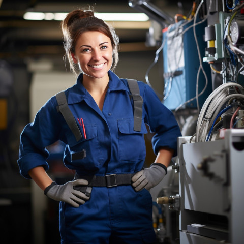 Smiling female HVAC tech at work on blurred background