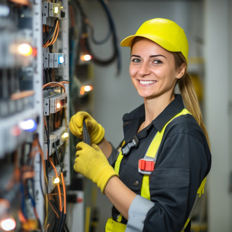 Smiling female electrician working on blurred background