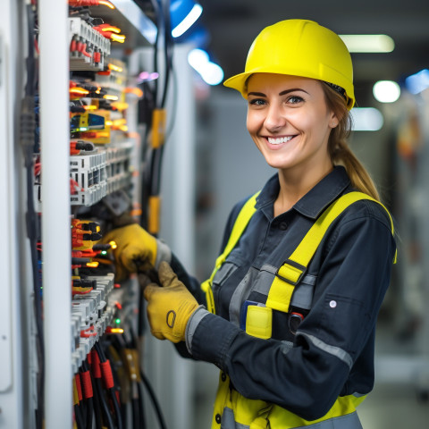 Smiling female electrician working on blurred background