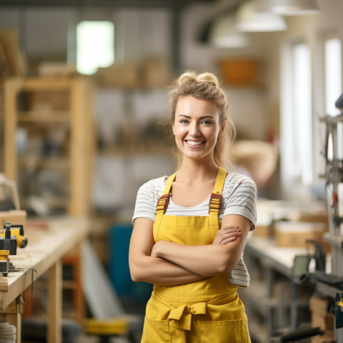 Smiling woman mason working on blurred background